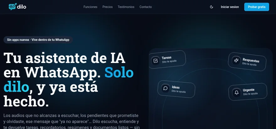 Interfaz de Dilo: asistente de IA en WhatsApp